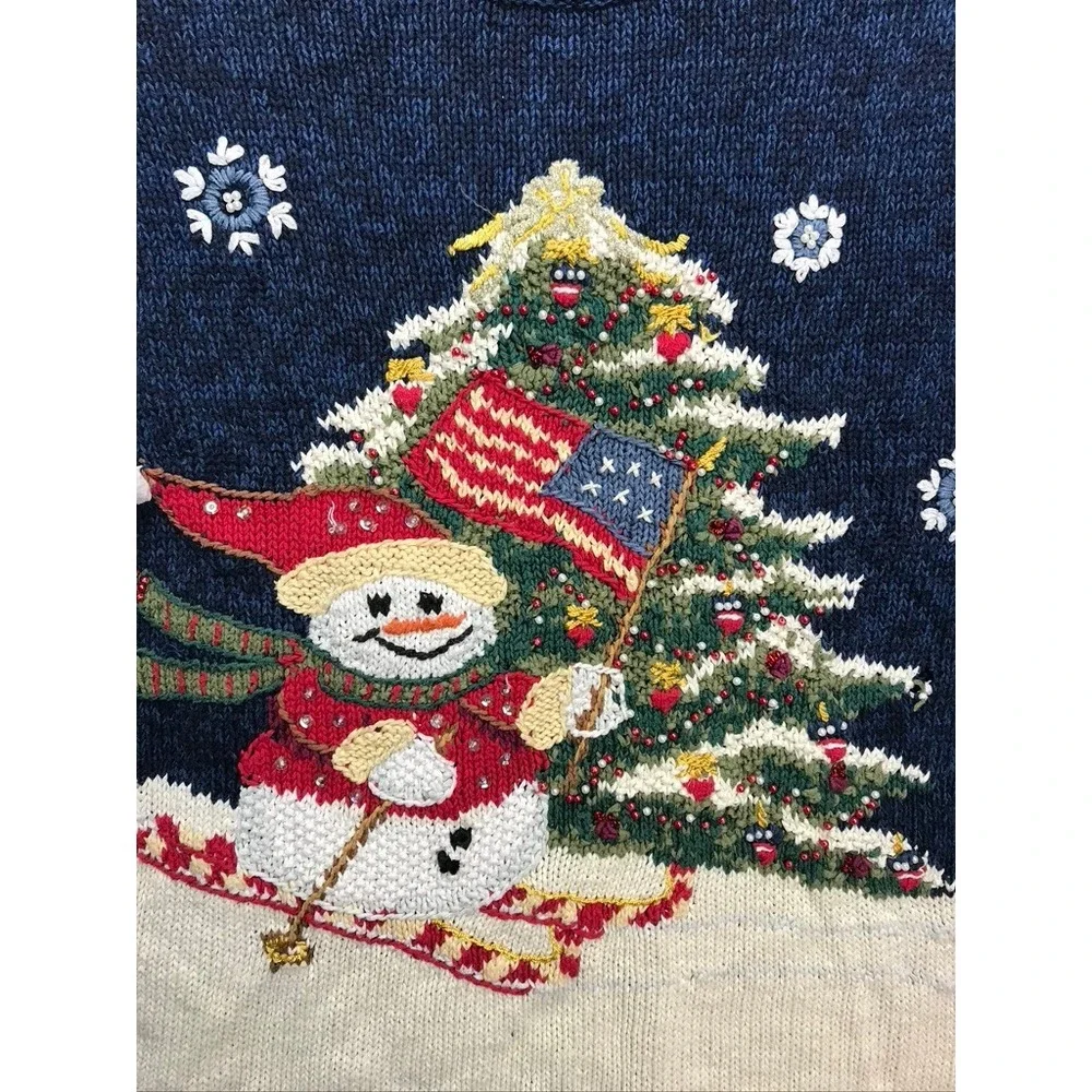 Tiara International Snowman Skiing American Flag Ugly Christmas Sweater‎ Women L